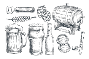 Hero image displaying beer bottles, hop, beer barrel, barley and bottle opener.